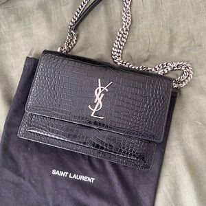 Saint Laurent Sunset Medium Black Croc/Silver Crossbody Bag